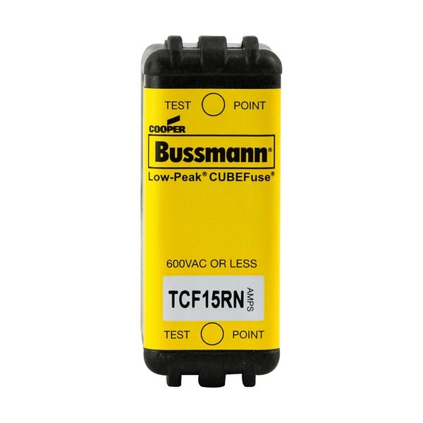 Eaton Bussmann series TCF fuse, Finger safe, 600 Vac/300 Vdc, 15A, 300 kAIC at 600 Vac, 100 kAIC at 300 Vdc, Non-Indicating, Time delay, inrush current withstand, Class CF, CUBEFuse, Glass filled PES image 2