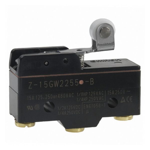 General purpose basic switch, short hinge roller lever, SPDT, 15A, dri image 3
