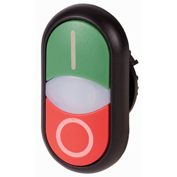 Double actuator pushbutton, RMQ-Titan, Actuators and indicator lights non-flush, momentary, White lens, green, red, inscribed, Bezel: black image 1
