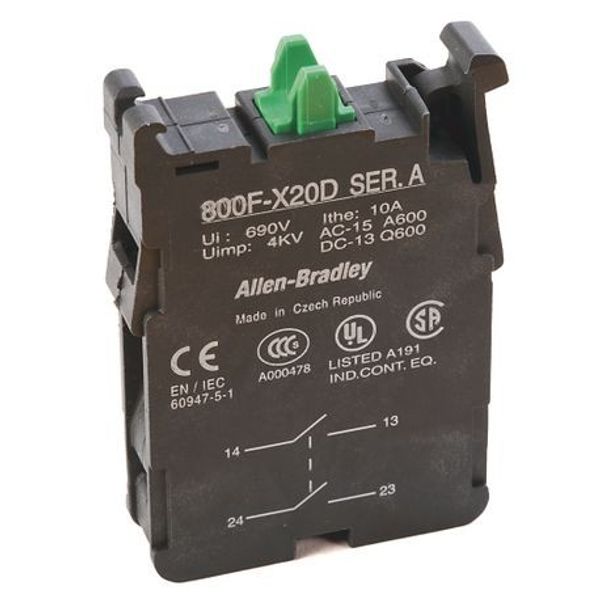 Allen-Bradley, 800F-X20D, 22.5mm PB No Latch, Screw Contact Block, 2 N.O. Double Circuit image 1