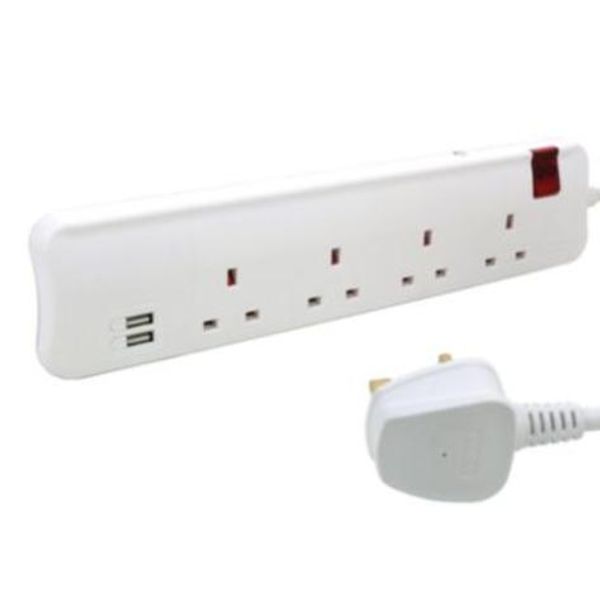 Multi Extension Sockets British Standard 4X2P+E 1 switch double pole 2XUSB type A BS plug 3M cord white/grey image 1