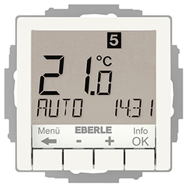 Concealed clock thermostat as a room controller, RAL9010 glossy 55x55, AC 230V, 1 changeover contact, heating 5(2) A, cooling 1(1) A, white backlighting image 2