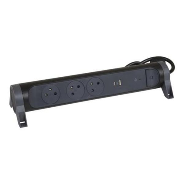 049425 Power strip extension with rotating block of 3 2P+E Surface sockets, switch, surge protector, USB Type-A + Type-C - black and dark gray image 1