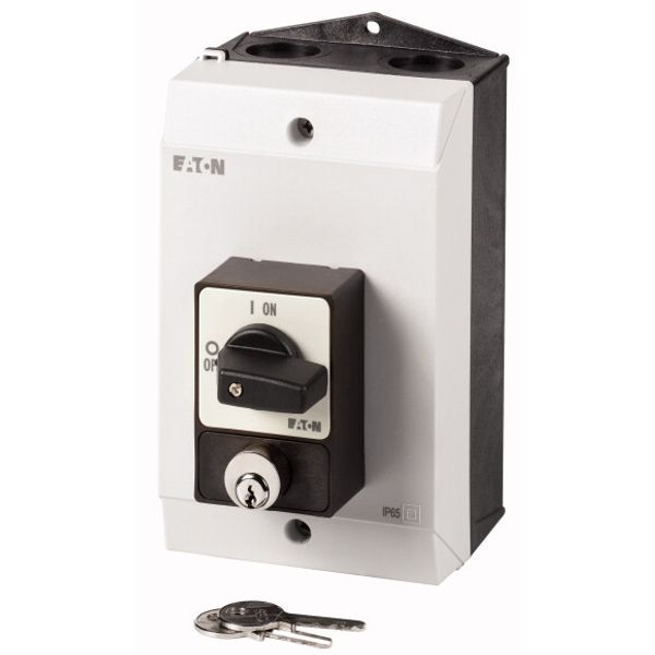 ON-OFF switches, P1, 25 A, surface mounting, 3 pole, with black thumb grip and front plate, Cylinder lock SVA image 1