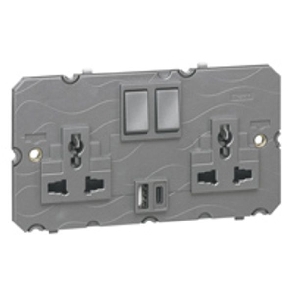 Multistandard 2x2P+E switched 2 gang socket outlet Arteor 16 A 250 V~/ 15 A - 127 V~ with USB charger - magnesium image 1