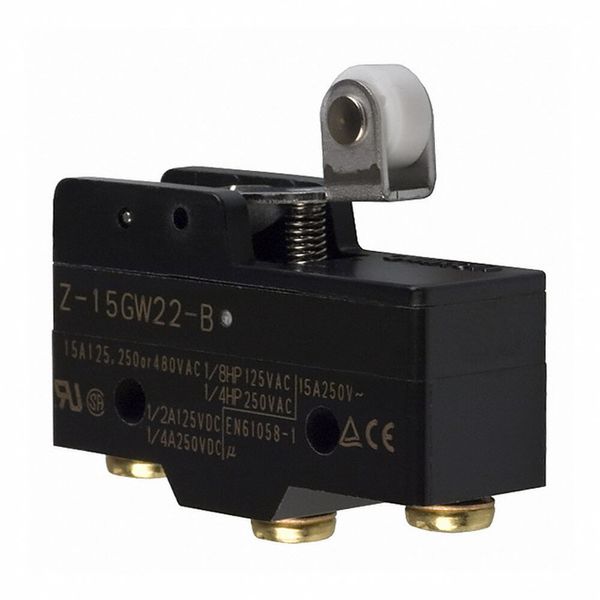 General purpose basic switch, short hinge roller lever, SPDT, 15A, scr image 3