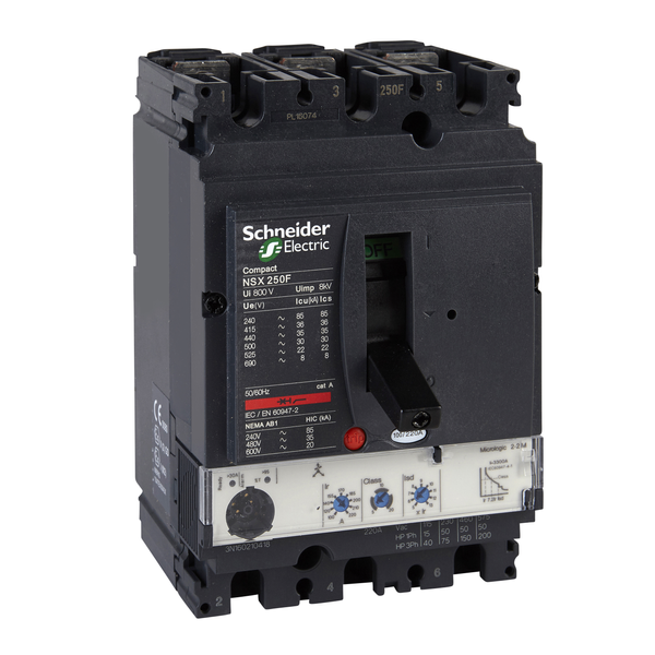 circuit breaker ComPact NSX250N, 50 kA at 415 VAC, MicroLogic 2.2 M trip unit 220 A, 3 poles 3d image 4