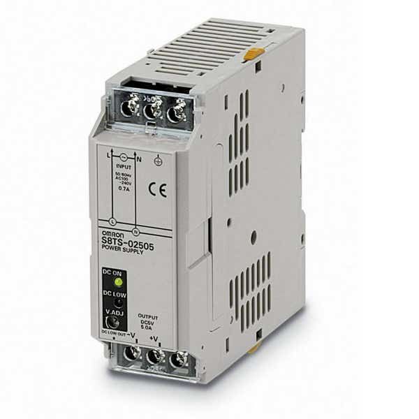 Power supply, 25 W per unit, 100 to 240 VAC input, 5VDC 5A output, DIN rail mounting, can be combined with other units to give a choice of output voltages, units can be connected for isolated operation only using S8TS-BUS02 (order separately) S8TS0023M image 1