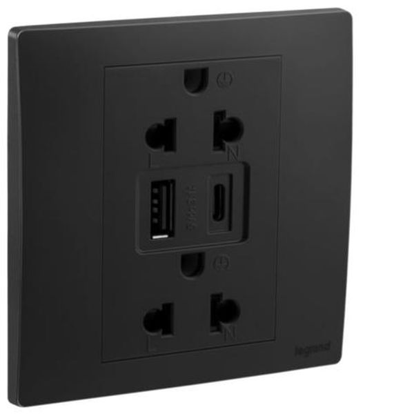 Mallia Senses - 1 gang EURO/US socket outlet - 16A - 2 x 2 Poles + Earth - with 3000mA A and C types USB chargers - Matt Black image 1