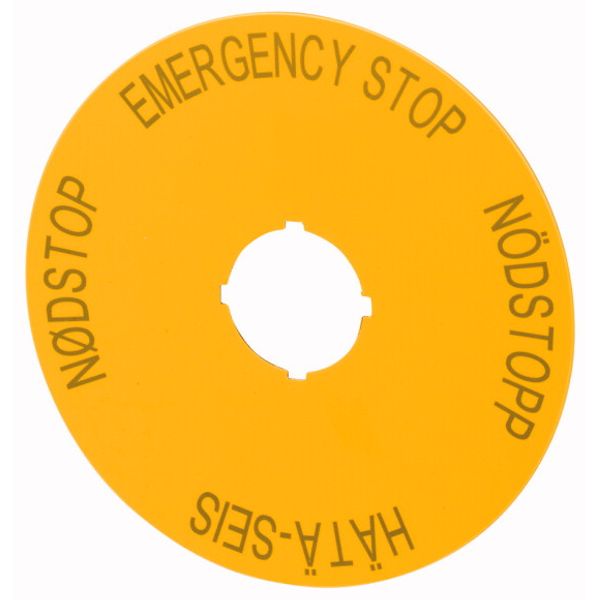 Label, emergency switching off, yellow, D=90mm, 4 languages, DE, SV, FI, DA image 1