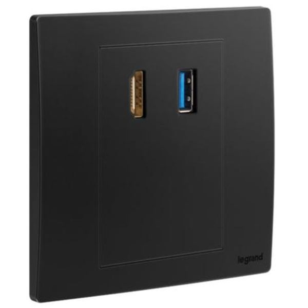 Mallia Senses - HDMI socket outlet with USB A data socket transfer - Matt Black image 1