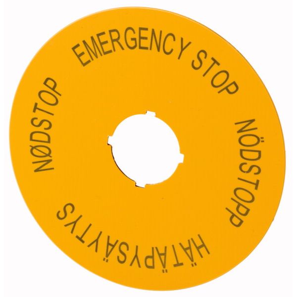 Label, emergency stop, D=90mm, yellow, EN, SV, FI, DA image 1