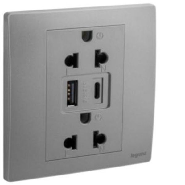 281204DS Mallia Senses 1 gang EURO/US socket outlet - 16A - 2 x 2 Poles + Earth - with 3000mA A and C types USB chargers -white image 1