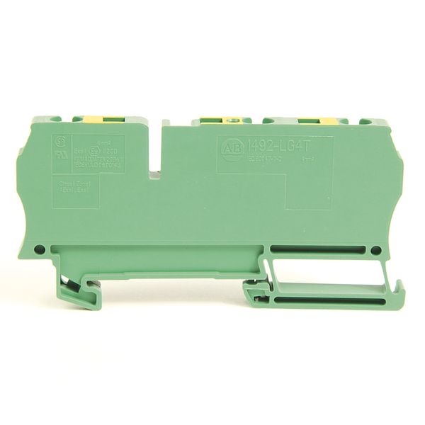 Allen-Bradley, 1492-LG4Q, Spring Clamp Terminal Block, One-Circuit Feed-Through Ground Block, 4 mm (# 22 AWG - # 10 AWG) or 2.5 mm (# 22 AWG - # 12 AWG), 2 Connection points on each side, Green / Yellow Stripe (Standard), image 1