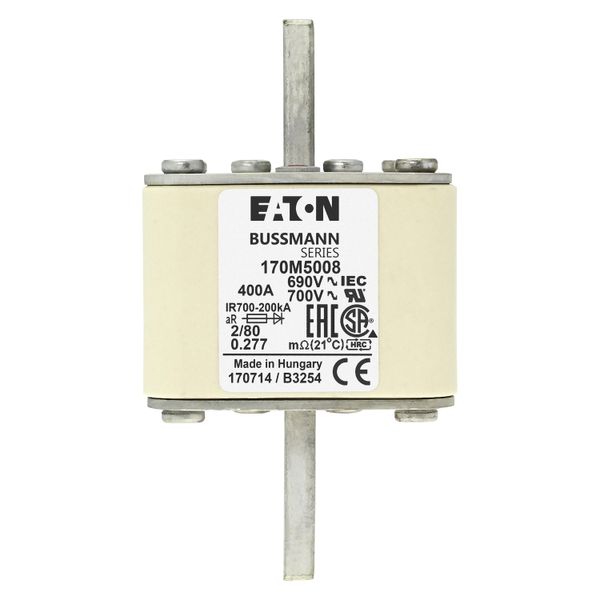 Fuse-link, high speed, 400 A, AC 690 V, DIN 2, 61 x 61 x 108 mm, aR, DIN, IEC, single indicator, 80 mm centres image 7