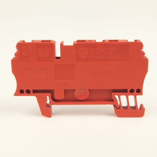 Allen-Bradley, 1492-L3T-RE, Spring Clamp Terminal Block, One-Circuit Feed-Through Block, 2.5mm² (# 30 AWG - # 12 AWG), 2 Connection points on one side,Red, image 1