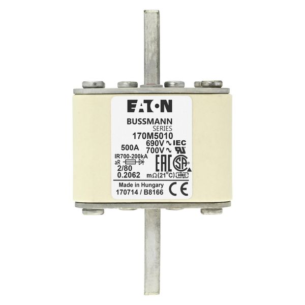 Fuse-link, high speed, 500 A, AC 690 V, DIN 2, 61 x 61 x 108 mm, aR, DIN, IEC, single indicator, 80 mm centres image 8