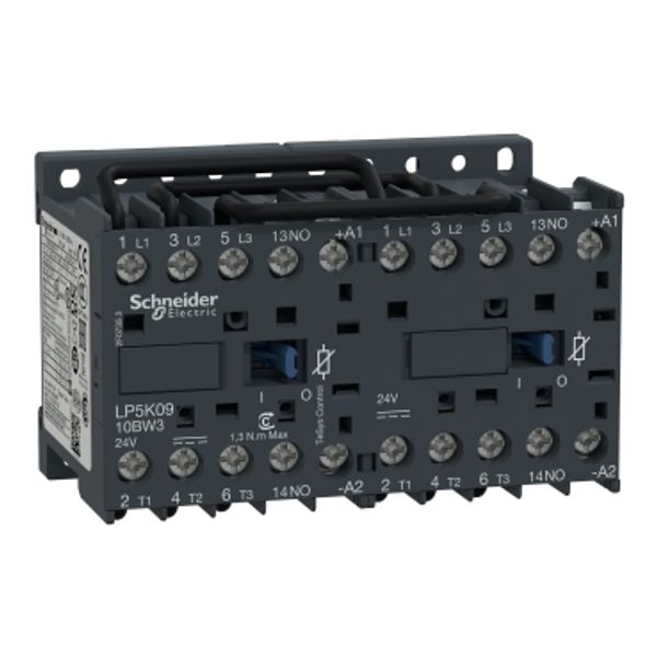 TeSys K reversing contactor, 3P, AC-3 440V 9 A, 1NO, 24V DC coil, low consumption coil image 2