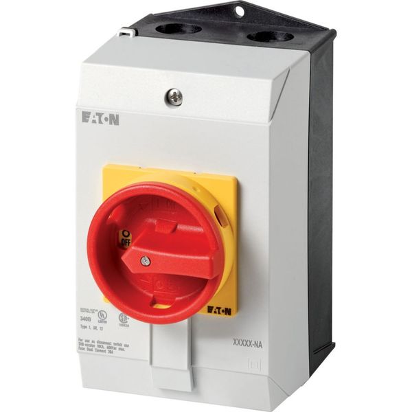 Main switch, P1, 32 A, surface mounting, 3 pole, 1 N/O, 1 N/C, Emergency switching off function, With red rotary handle and yellow locking ring, UL/CS image 6