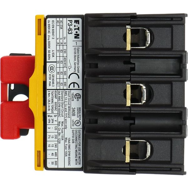 On-Off switch, P3, 63 A, service distribution board mounting, 3 pole, Emergency switching off function, with red thumb grip and yellow front plate, Lo image 18