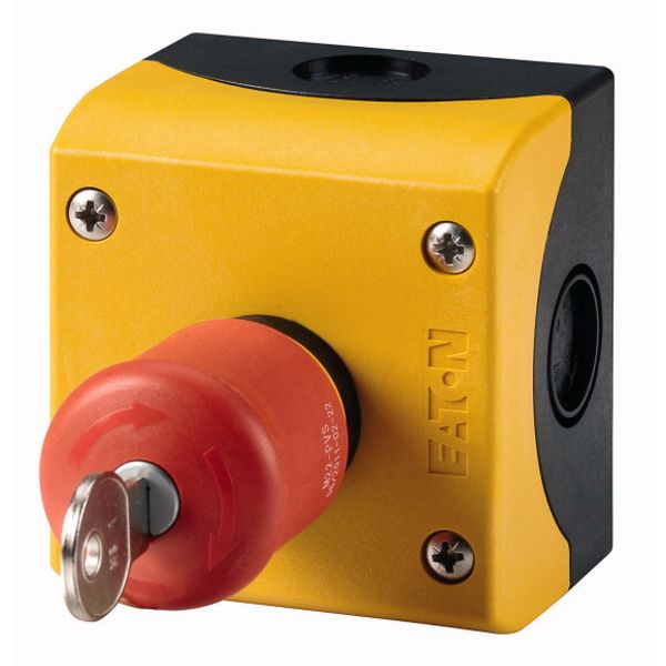 Housing, Controlled stop pushbuttons/emergency-stop buttons, Mushroom-shaped, 38 mm, Non-illuminated, Key-release, 1 NC, 1 N/O, Screw connection, Numb image 1