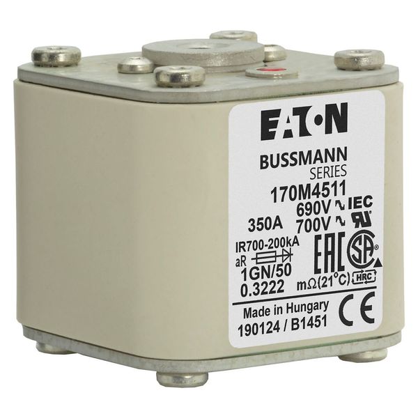 Fuse-link, high speed, 350 A, AC 690 V, size 1, 53 x 69 x 51 mm, aR, IEC, UL, single indicator, flush end, 18 UNC image 23