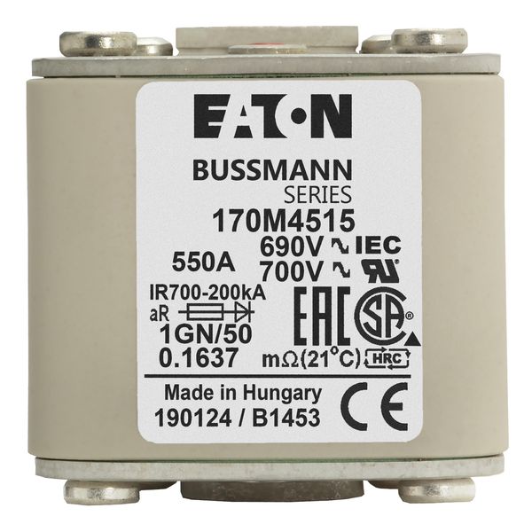 Fuse-link, high speed, 550 A, AC 690 V, size 1, 53 x 69 x 51 mm, aR, IEC, UL, single indicator, flush end, 18 UNC image 15