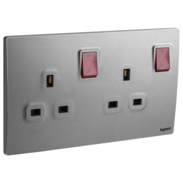 Mallia Senses - 2 gang BS switched socket outlet double pole - with LED - 13A - Dark Silver image 1