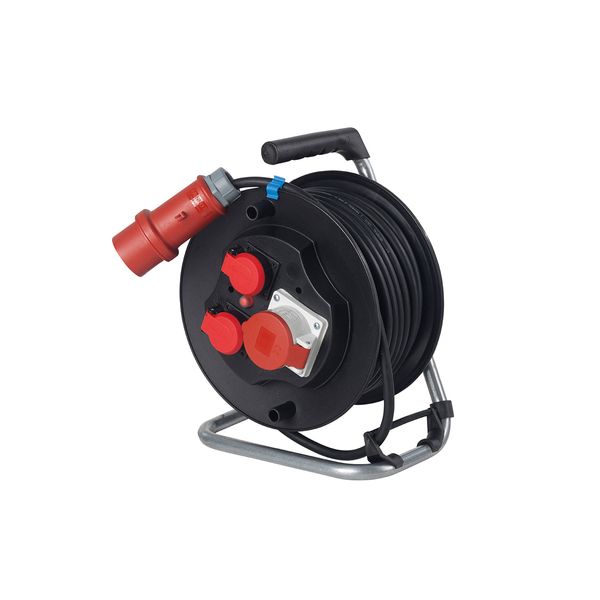 CEE safety cable reel 30 m H05VV-F 5G1,5 16 A Thermal switch 2 socket outlets 2PE 16A/250V 1 CEE 3PNE 16A/440V image 1