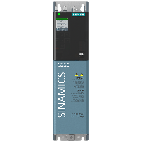 SINAMICS G220 380-500 V 3AC + 10/-20% 47-63 Hz power low overload: 2.2 kW 150% 3 s, 110% 57 s power high overload: 1.5 kW 200% 3 s, 150% 57 s 250x 73x 209 (HxWxD) image 1